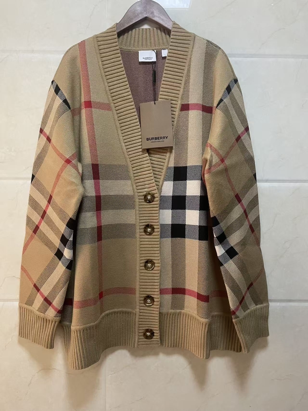 Burberry Beige Check V-Neck Button Cardigan Sweater